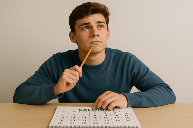 A person planning their driving license journey with a calendar.