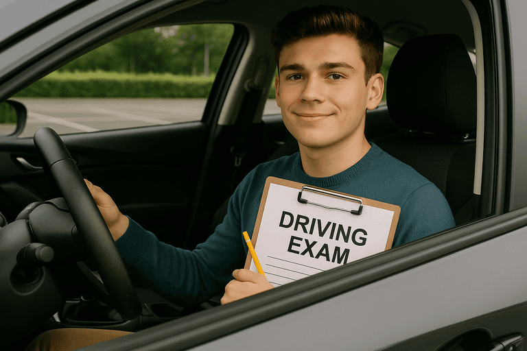 A student looking prepared and confident before their driving exam.