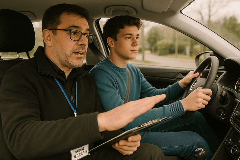 A driving instructor guiding a student during a lesson.
