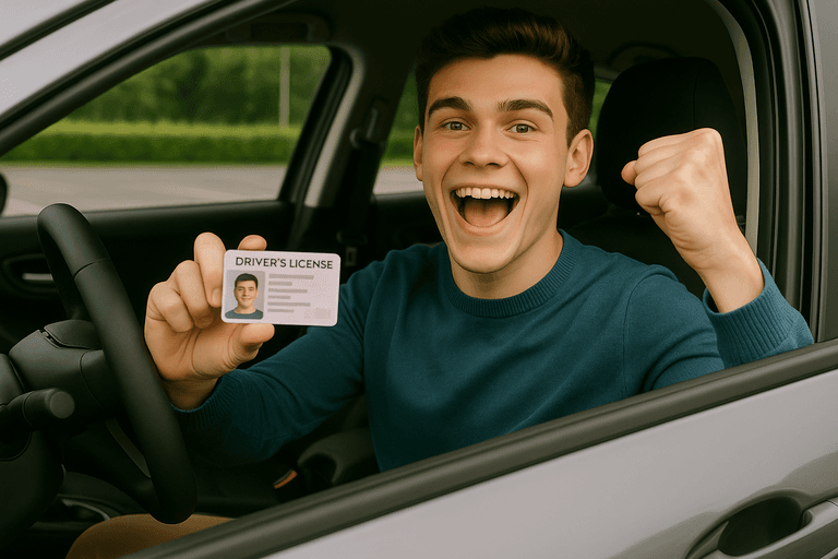 A person celebrating after receiving their new driver's license.