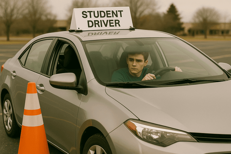 A student driver carefully practicing a parking maneuver.