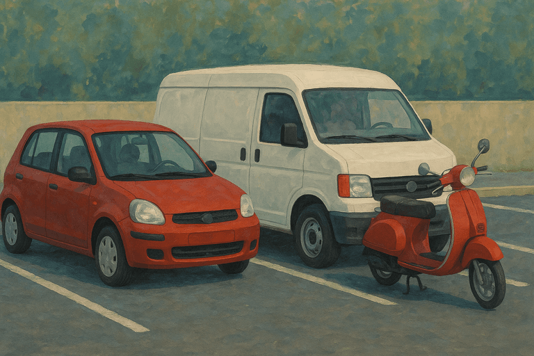 A car, a van, and a moped