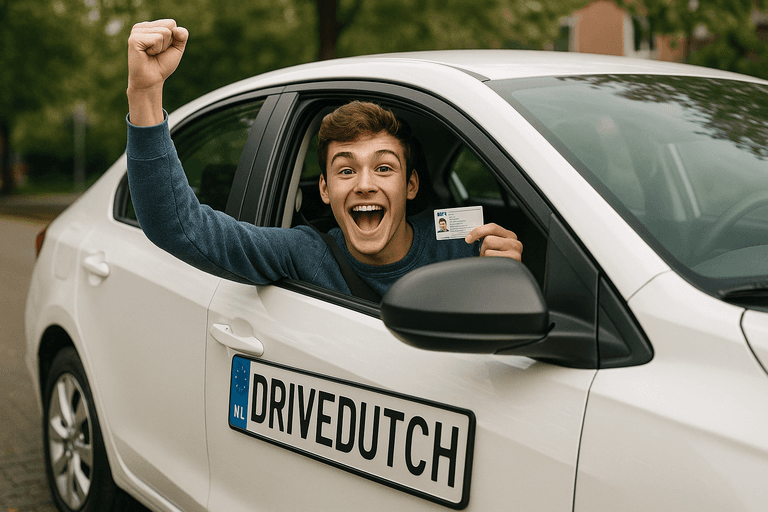 A young person holding a new driving license